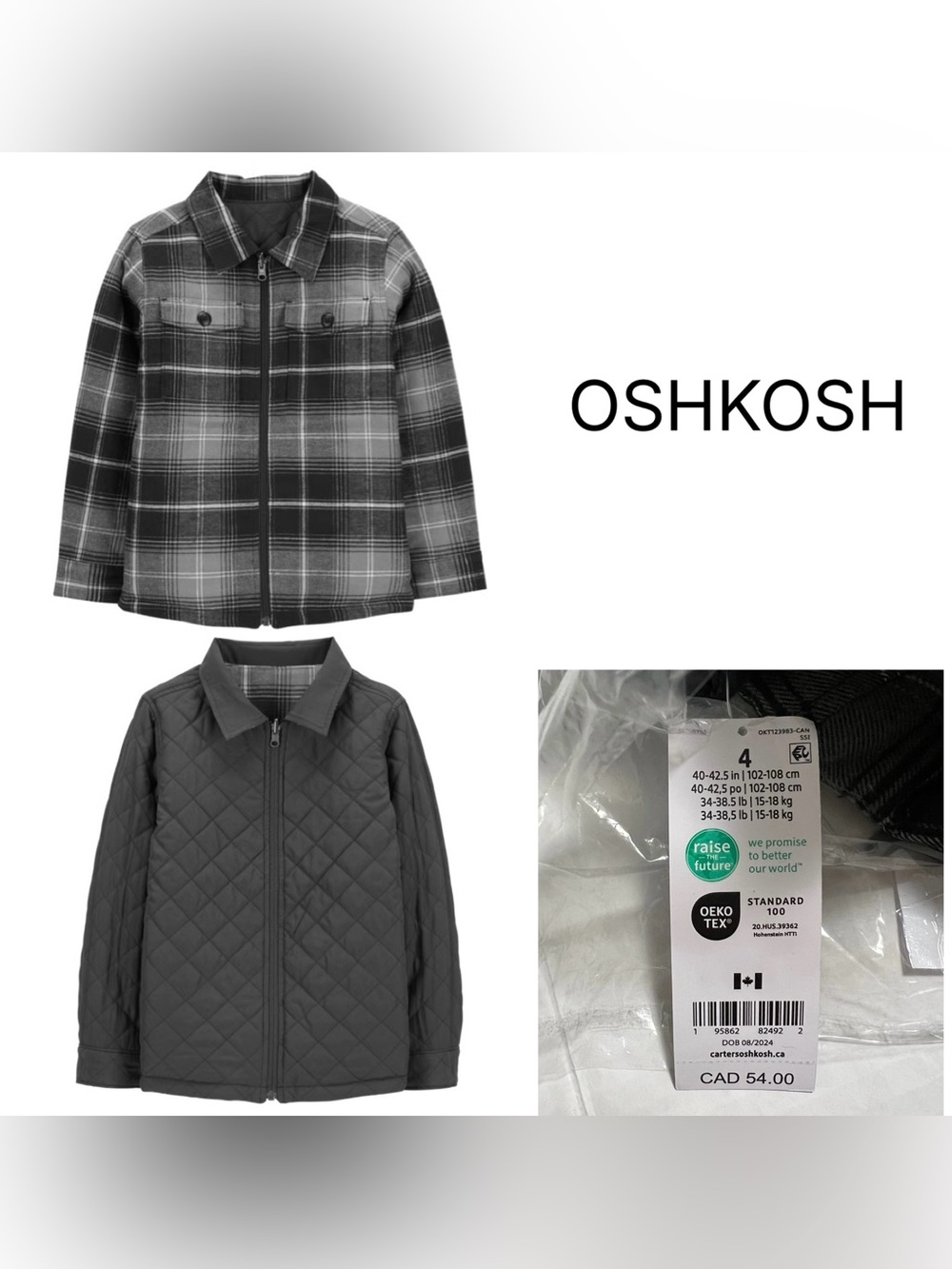 OSHKOSH - 4 - NWT - BOYS REVERSIBLE PLAID FLANNEL JACKET / COAT